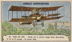 Farman making the first cross-country aeroplane flight in Europe, from Bouy to Reims, France, 30 October 1908 (chromolitho) 作者 法语学校