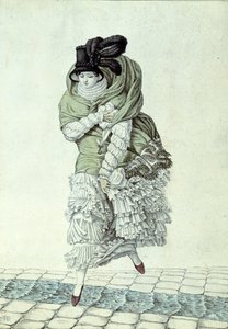 时尚板描绘一位女士穿越污水流，1811年（彩色雕刻） 作者 法语学校