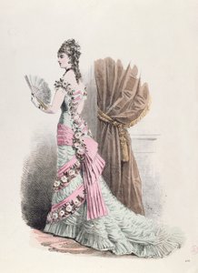 时尚板的女人穿着晚礼服和风扇，1877年（彩色雕刻） 作者 法语学校