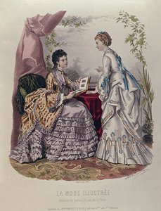 时装板显示女士们穿着由Mme Breant-Castel设计并看着相册，1872年 作者 法语学校
