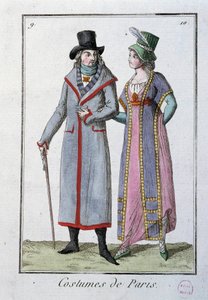 Directoire时期的时尚：一对优雅的巴黎人。1795年的匿名石版画。巴黎，服装博物馆 作者 法语学校