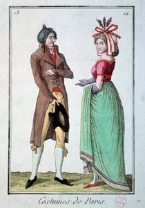目录下的时尚：一对优雅的情侣，女的在园丁面前戴着帽子。1795 年的版画。巴黎，服装博物馆 作者 法语学校