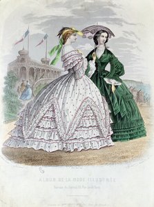 时尚的巴黎女士们在海边，1861年（彩色雕刻） 作者 法语学校