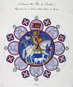卡斯蒂利亚国王费尔南三世在沙特尔圣母院 (1252) 的彩色玻璃上代表。 大学比喻。 作者 法语学校