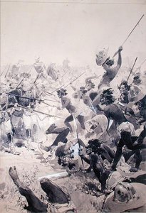 祖鲁人和英国士兵之间的战斗，约1878年（纸上水彩）。 作者 法语学校
