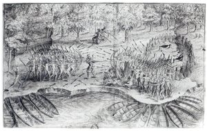 来自塞缪尔·德·尚普兰（1567-1635）的“1624年的行程de Champlain”中的休伦人战斗 作者 法语学校
