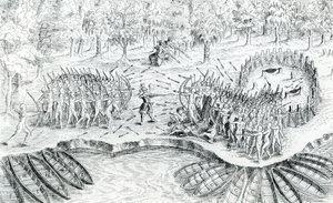1624年，塞缪尔·德·尚普兰（Samuel de Champlain）于1567年至1635年间，从尚未开垦的Voyage de Champlain战斗休伦人 作者 法语学校