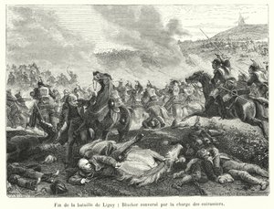 Fin de la bataille de Ligny, Blucher renverse par la charge des cuirassiers (engraving) 作者 法语学校
