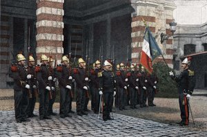 巴黎的消防员。 向国旗敬礼。 1892年在《军人生活的军事专辑场景，巴黎的消防员》中。 作者 法语学校