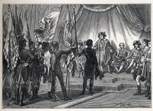 第一个联盟。约阿希姆-缪拉（1767-1815）将拿破仑-波拿巴指挥的法军在意大利战役中征服的旗帜提交给执行委员会。1889年的雕版画。私人收藏。 作者 法语学校
