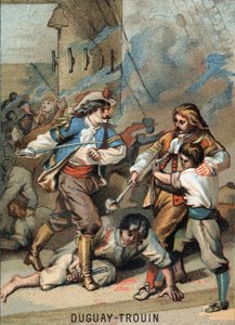 Rene Duguay Trouin（Duguay-Trouin）（Rene Trouin du Gue dit）（1673-1736）的第一项壮举，法国水手。Duguay - Trouin combattant Wassenaer（1695年）。"通过图像进行爱国主义教育 "系列的彩色石版画。 作者 法语学校