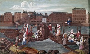 Fish and lavender on the back. Detail on the back showing the leisure of the lavender trees eating, chatting with other craftsmen (water carrier, shoeshine) and dancing on a boat in the Seine. Painting of the French school of the 17th century 作者 法语学校