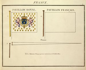 路易十八和法国国王查理十世的旗帜，来自Pavillons des Puissances Maritimes（彩色雕刻） 作者 法语学校