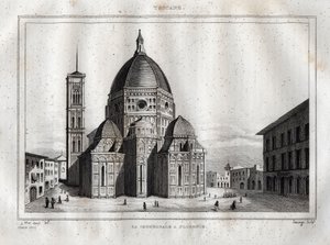 佛罗伦萨大教堂--佛罗伦萨大教堂（Duomo Santa Maria del Fiore）的景观。穹顶由菲利普-布鲁内莱斯基在1420-1436年左右制作，意大利佛罗伦萨 - 雕刻自M.de的 "意大利风景"--意大利历史和描述表"。 作者 法语学校