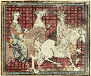 Fol.31r Chilperic I（543-97）和马背上的Fredegonde，来自Grandes Chroniques de France，1375-79 作者 法语学校