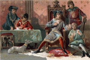 为了分散注意力，法国国王查理六世（1368-1422）曾经玩过牌。1890年左右的彩色平版印刷。 作者 法语学校