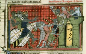 Fr 22495 f.36r攻击Le Roman de Godefroi de Bouillon镇 作者 法语学校