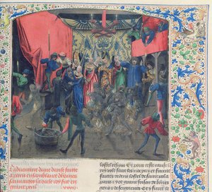 Fr 2646 f.176 Bal des Ardents，查尔斯在奥尔良路易斯放火焚烧舞蹈演员服饰之后被公爵夫人拯救，1392年，来自Froissarts Chronicle 作者 法语学校