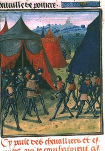 Fr 87 fol.8 威尔士亲王接见法国国王（牛皮纸）。 作者 法语学校