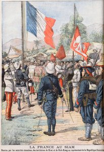 法国在1904年暹罗和法国之间达成的条约后接管了暹罗的Krat和Koh-Kong领土，1905年2月《小报》的插图（雕刻）。 作者 法语学校