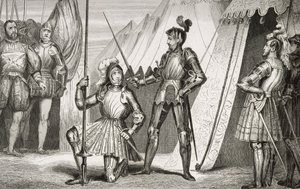 弗朗索瓦一世（1494-1547）在马里尼亚诺战役后被贝亚德船长封为爵士，来自科拉特的“法国历史”，出版于1840年 作者 法语学校