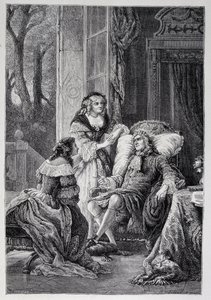Francois de la Rochefoucauld (1613-1680) 与 Mademoiselle de Sevigne (Marie de Rabutin-Chantal)、Marquise de Sevigne dit Madame de Sevigne (1626-1696) 和 Marie-Madeleine (Marie Madeleine) Pioche de La Vergne，伯爵夫人交谈(Madame de la F 作者 法语学校