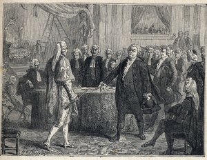 法国大革命--大会于1789年6月23日举行。米拉波伯爵霍诺尔-加布里埃尔（Honore-Gabriel）-里奎蒂（1749-1791）使徒亨利-埃弗拉尔（Henri-Evrard），德勒布雷兹（Dreux-Breze）侯爵（1762-1829）。1889年的雕版画。私人收藏。 作者 法语学校