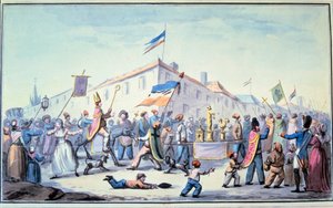 法国大革命：“人民的假面舞会穿着牧师的服装”。 无名水彩。 1793. 巴黎，L