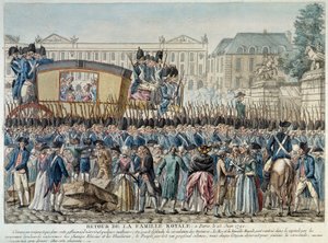 法国大革命："1791年6月25日王室返回巴黎"，车队穿过协和广场。18 世纪末法国画派的版画。巴黎卡纳瓦罗博物馆 作者 French School