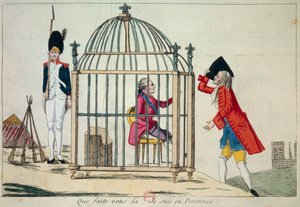 法国大革命。国王路易十六（1754-1793）在1791年6月逃往瓦雷纳的前夕，在笼子里表现的是 "你做什么，我在忏悔"。讽刺性雕刻 巴黎，兵工厂图书馆 作者 法语学校