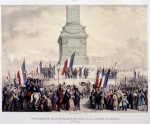 1848 年法国大革命：1848 年 2 月 25 日在巴士底广场七月柱下宣布成立第二共和国。19 世纪石版画。巴黎，卡纳瓦罗博物馆 作者 法语学校