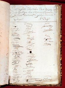 法国大革命：1797 年 12 月 26 日（第 6 年第六年）的出勤登记表，并附有参加国家研究所的人员的签名。 巴黎科学院 作者 法语学校