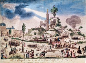 法国大革命：1794年6月8日在香榭丽舍大街举行的至尊者庆典（20 Prairial An II）。18世纪的匿名版画。 作者 法语学校