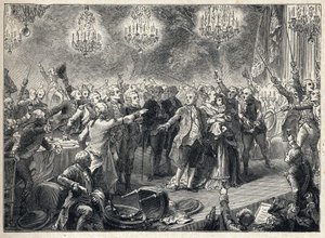 法国大革命：1789年10月1日，在凡尔赛桔园组织的保镖宴会上，保皇党人在玛丽-安托瓦内特王后（1754-1793）的国王（1754-1793）和海豚面前宣誓效忠君主 -- 作者 法语学校