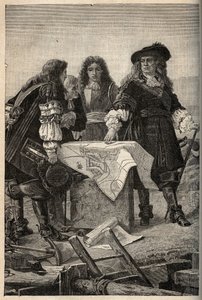 法国建筑师沃邦应路易十四的要求，于1687年制定了贝尔福特（法国东部）的防御工事计划 - Sebastien Le Prestre de Vauban donnant les plans des fortifications de Belfort - engraving in "PATRIE" - DESCRIPTION PECTUREQU 作者 法语学校