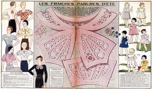 1934 年夏天的法国时尚：女性时尚（上衣）和童趣时尚（连衣裙和服装）。在 "Le petit echo de la mode "中 作者 法语学校