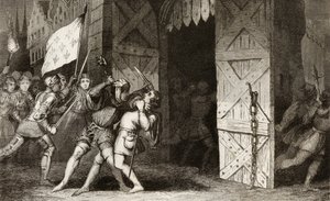 法国骑士在100年战争期间攻击一个英国城市，来自Colart的“Histoire de France”，出版于1840年 作者 法语学校