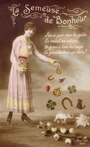 法国明信片描绘了La Semeuse de Bonheur（好运的播种者），1914年3月29日 作者 法语学校