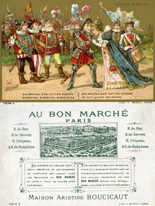 正面和反面的巴黎百货商店AuBonMarché的促销卡片，描绘了法语中最受欢迎的民歌之一Marlbrough sen va-t-en guerre（马尔堡）
