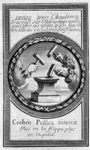 Antoine Furetiere (1619-1688)反对法国学院的 "事实 "的封面。1860年的雕版画。 作者 法语学校