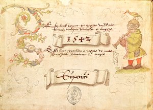 来自Recueil de chants religieux et profanes IX的主题描绘了一个戴着眼镜的男子在演奏管乐器，头上有一只鸟，1542 作者 法语学校