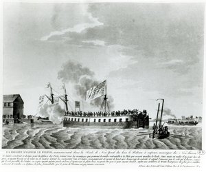 Fultons蒸汽动力战舰，Fulton the First，由Robert Fulton设计和建造，用于在1812年的战争中为纽约进行防御（19世纪早期的照片。雕刻） 作者 法语学校