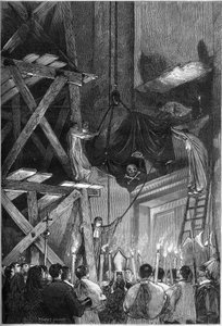 教皇皮乌斯一世（Pio）（1792-1878）的葬礼：在罗马的圣彼得大教堂安葬尸体。1878年3月9日《世界画报》第1093期上的版画。 作者 法语学校