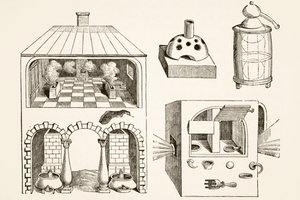 中世纪化学家和炼金术士使用的熔炉和各种器具，由弗里斯 (Vriese) 雕刻而成，出自保罗·拉克鲁瓦 (Paul Lacroix) 酒吧出版的《中世纪科学与文学》。 伦敦 1878 作者 法语学校