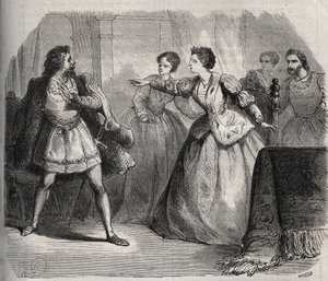 Gabrielle de Vergy与她的未婚夫Eudes de Fayel发生争执，后者嫉妒她与表哥Albert de Nozereau的友谊。12世纪传说的场景。亨利-德-科克（Henry de Kock）（1819-1892）1871年在 "Histoire Des Cocus Celebres "中的雕版画。 作者 法语学校