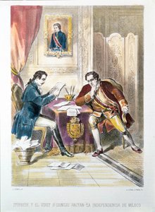 奥古斯丁-德-伊图尔维德将军（后来短暂成为墨西哥皇帝奥古斯丁一世）与奥多诺朱签署墨西哥独立协议（蚀刻版画 作者 法语学校