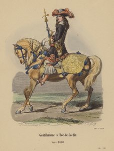 在Bec-de-Corbin的绅士，大约1660年（彩色雕刻）。 作者 法语学校