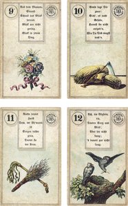 德国版的Lenormand法国cartomancy套牌：The Flowers，The Scythe，The Birch-rodThe Whip，The Birds，由Dondorf出版，法兰克福，19世纪 作者 法语学校