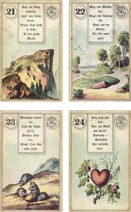 德国版Lenormand法国cartomancy甲板：The Mountain，The Road，The Mice，The Heart，由Dondorf出版，法兰克福，19世纪 作者 法语学校