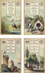 德国版Lenormand法国cartomancy甲板：Stork，The Dog，The Tower，The Garden，由Dondorf出版，法兰克福，19世纪 作者 法语学校
